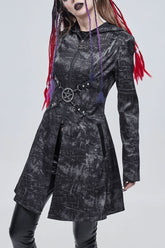 Manteau à capuche pour femme avec motif punk gris en forme de pentagramme, décoration de boucle en métal en forme de D